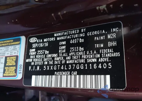 2016 Kia Optima Lx from USA, damaged, VIN 5XXGT4L37GG116405